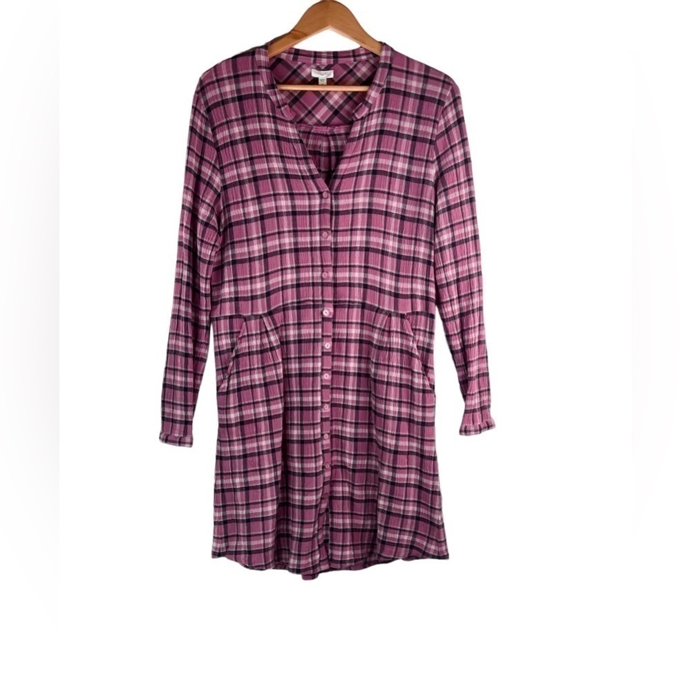 Garnet Hill Plaid V Neck Buttondown Dress Pink Black Organic Cotton Size 14
